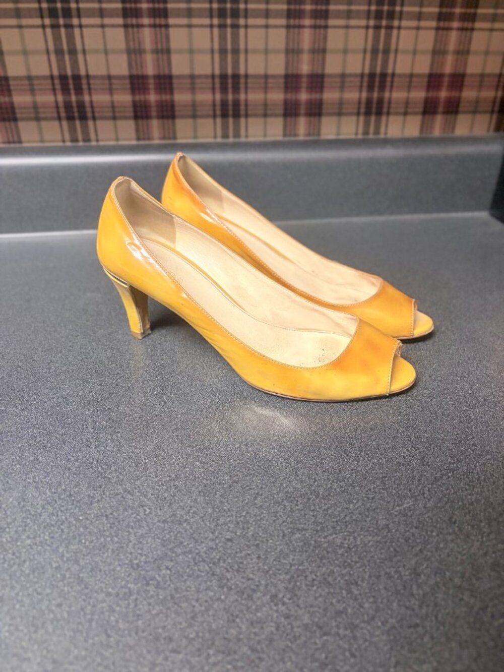 Prada Yellow Patent Leather Peep Toe Pumps - EU 38